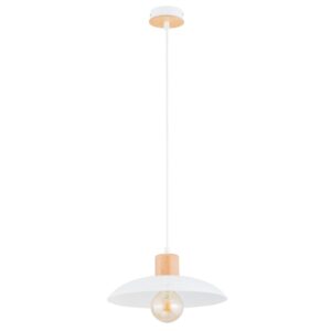 Biała lampa wisząca Kobe - metalowy klosz i drewniany akcent