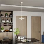 Biała lampa wisząca Kobe nad blat kuchenny - metalowy klosz i drewniany akcent