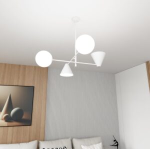 Biały żyrandol Hermes 4 - metalowe klosze i szklane kule