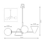 Biały żyrandol Hermes 4 - metalowe klosze i szklane kule - rysunek techniczny