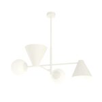 Biały żyrandol Hermes 4 - metalowe klosze stożki i szklane mleczne kule