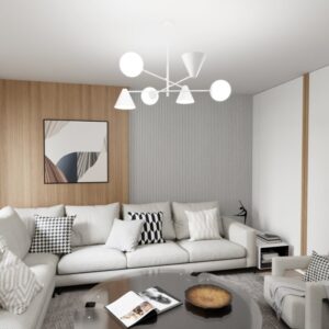 Biały żyrandol Hermes 6 - 3 klosze stożki i 3 szklane kule