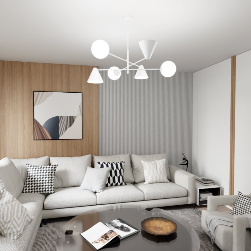 Biały żyrandol Hermes 6 - 3 klosze stożki i 3 szklane kule