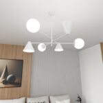 Biały żyrandol Hermes 6 - 3 stożkowe klosze i 3 opalowe kule