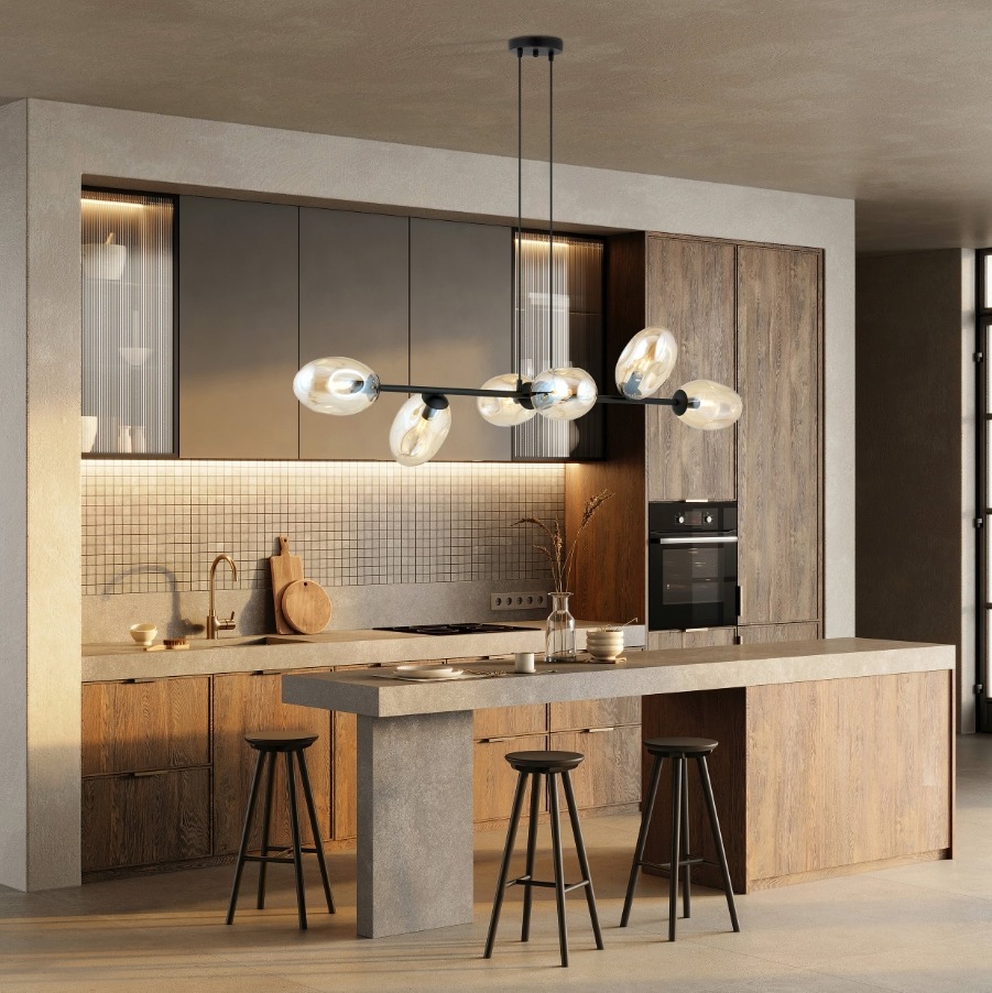 Czarna lampa nad wyspę Pandora 6 - owalne klosze z miodowego szkła