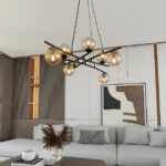 Czarna lampa wisząca Essa 8 nad stolik - bursztynowe szklane kule