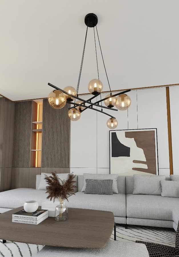 Czarna lampa wisząca Essa 8 nad stolik - bursztynowe szklane kule