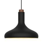 Czarna lampa wisząca Fuji z metalowym kloszem o średnicy 35 cm i drewnianym detalem