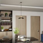 Czarna lampa wisząca Kobe nad wyspę kuchenną - metalowy klosz z dodatkiem drewna