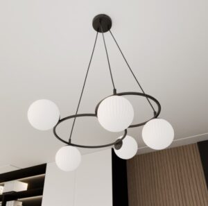 Czarna lampa wisząca Libra 5 opal - ryflowane szklane klosze