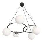 Czarna lampa wisząca Libra 5 opal - ryflowane szklane klosze - dwie metalowe obręcze