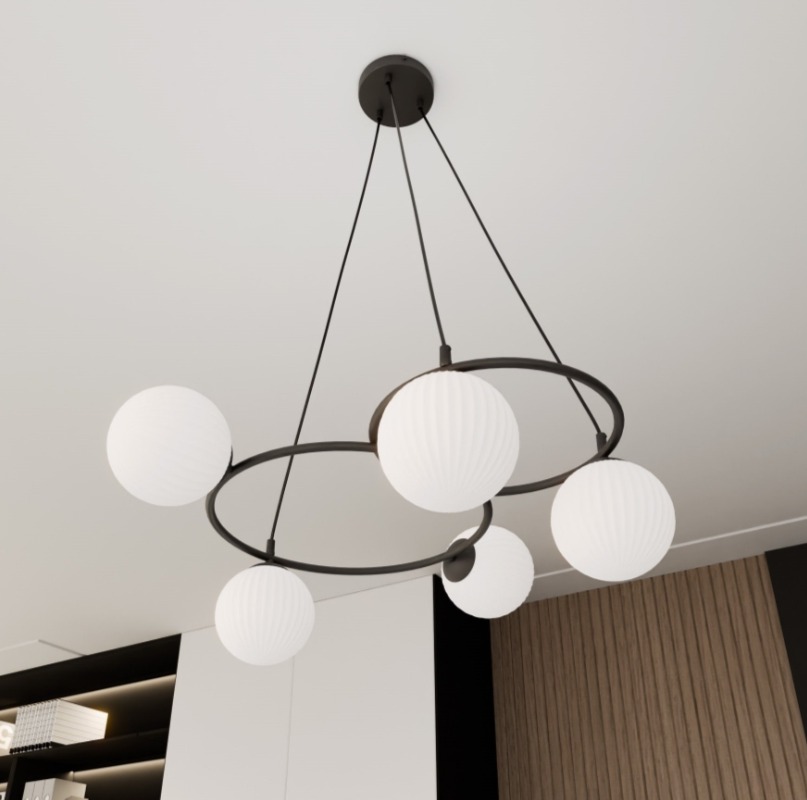 Czarna lampa wisząca Libra 5 opal - ryflowane szklane klosze