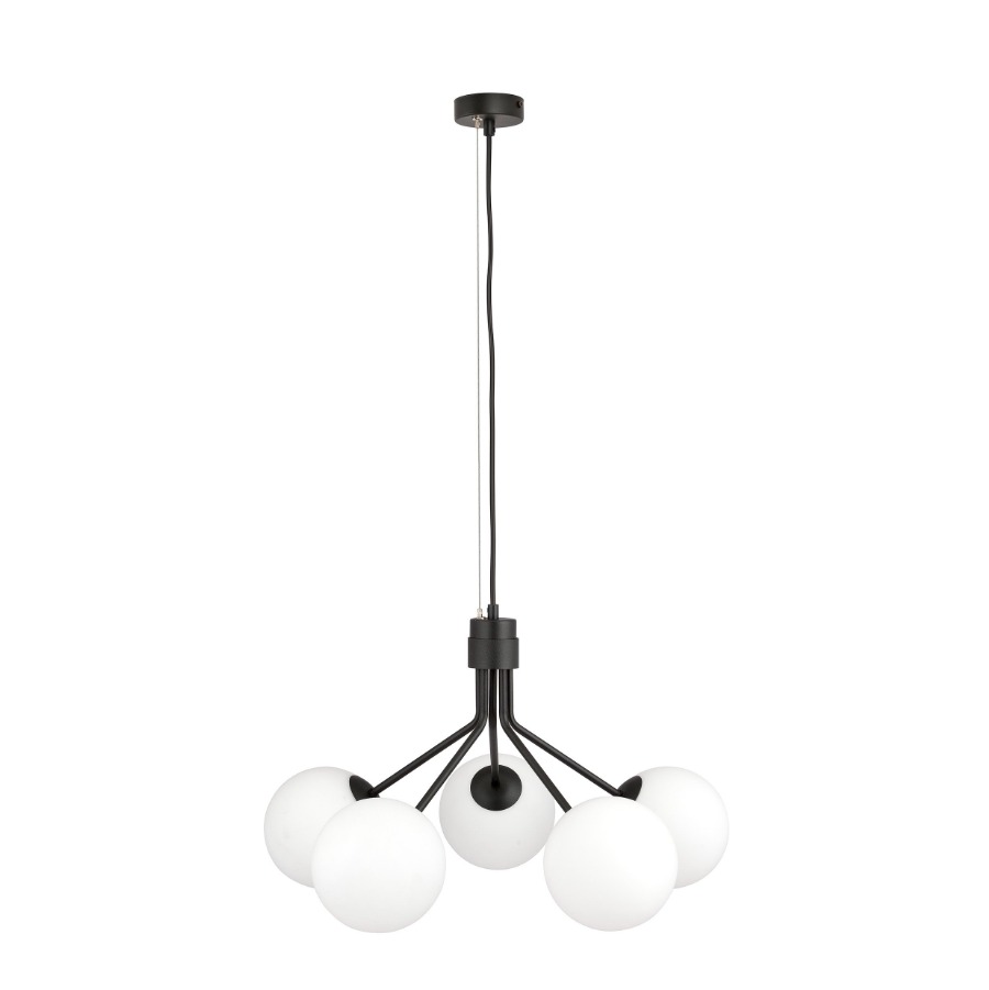 Czarna lampa wisząca Nova 5 - białe szklane klosze - Emibig