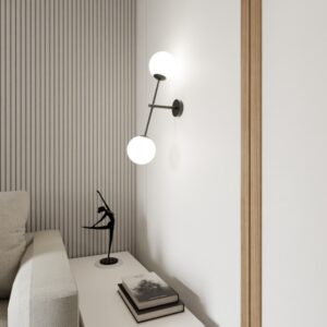 Czarny kinkiet Linear 2 - dwie białe szklane kule