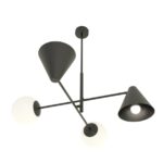Czarny żyrandol Hermes 4 stożkowe klosze i opalowe kule - do nowoczesnego salonu