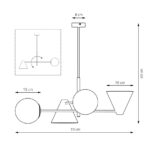 Czarny żyrandol Hermes 4 - stożkowe klosze i opalowe kule - rysunek techniczny