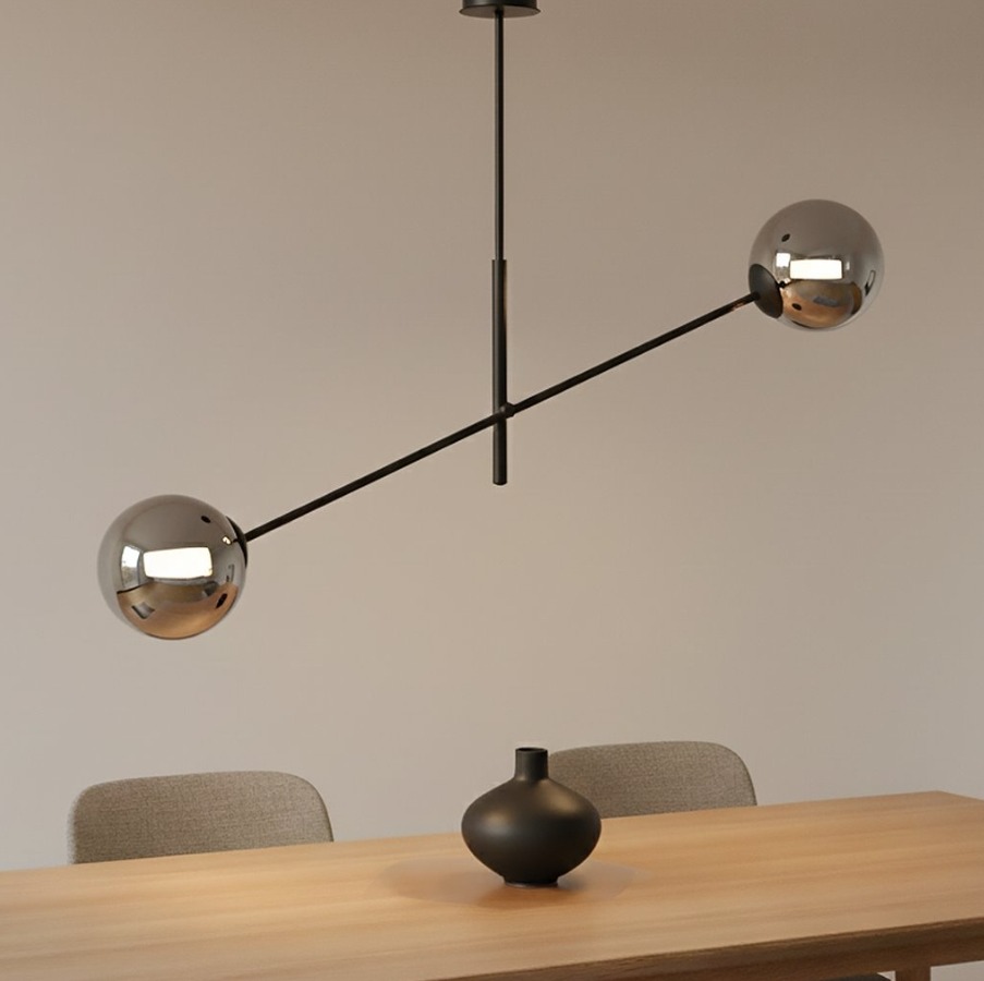 Czarny żyrandol Linear 2 nad stół - grafitowe szklane kule