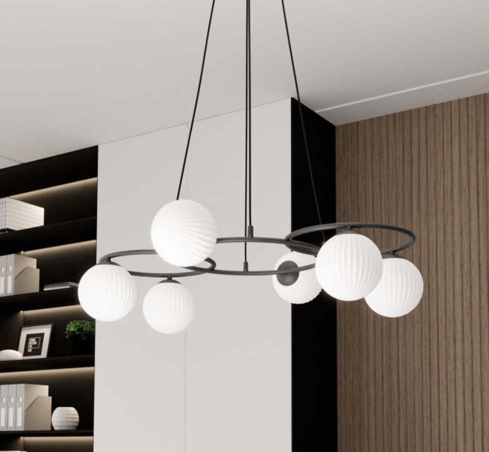 Czarny żyrandol wiszący Libra 6 - ryflowane białe szklane kule