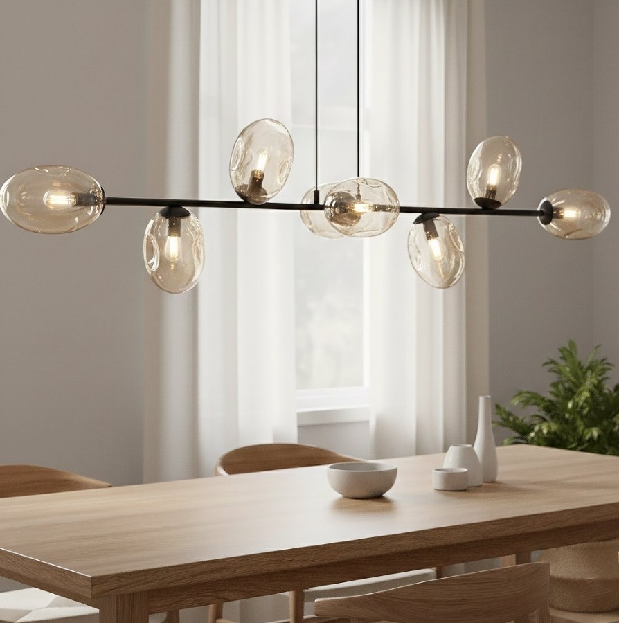 Czarny żyrandol wiszący Pandora 8 nad stół - bursztynowe klosze