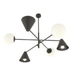 Duży żyrandol do salonu Hermes 6 - opalowe kule i czarne stożki - mieszane klosze