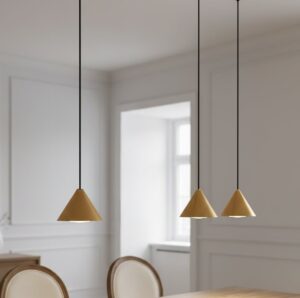 Elegancka lampa wisząca Elit 3 - trzy złote stożkowe klosze