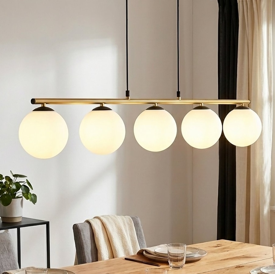 Lampa wisząca Allora 5 nad stół - złota listwa i białe kule