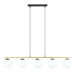 Lampa wisząca Allora 5 nad stół - złote detale i białe kule