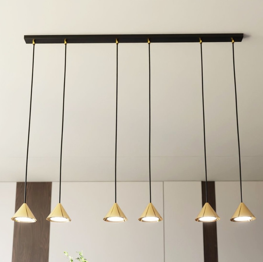 Lampa wisząca Elit 6 nad wyspę - złote klosze stożki