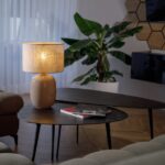 Lampka nocna z lnianym abażurem Melody - szklana podstawa - na stolik kawowy