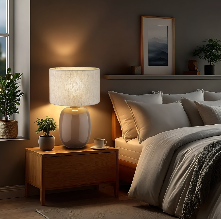 Lampka nocna z lnianym abażurem Melody - szklana podstawa