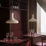 Metalowa lampa wisząca do restauracji nad stolik Fuji beżowa elegancka