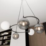 Nowoczesna lampa wisząca Libra 5 - klosze mleczne i dymione- metalowe okręgi