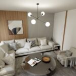 Nowoczesny czarny żyrandol Linear 4 - cztery białe kule do salonu