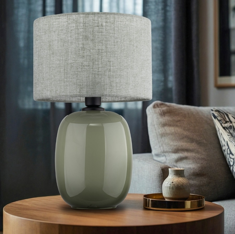 Oliwkowa lampka stołowa Melody - lniany abażur i szklana podstawa