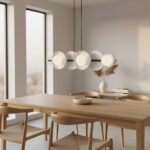 Szara lampa wisząca na listwie Model - sześć okrągłych opraw nad stół