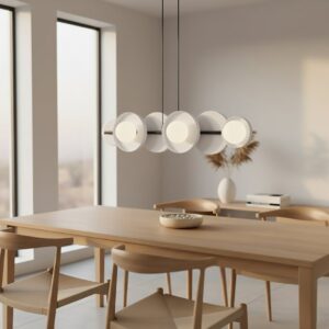 Szara lampa wisząca na listwie Model - sześć okrągłych opraw nad stół