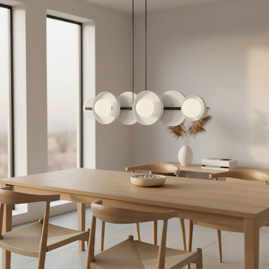 Szara lampa wisząca na listwie Model - sześć okrągłych opraw nad stół