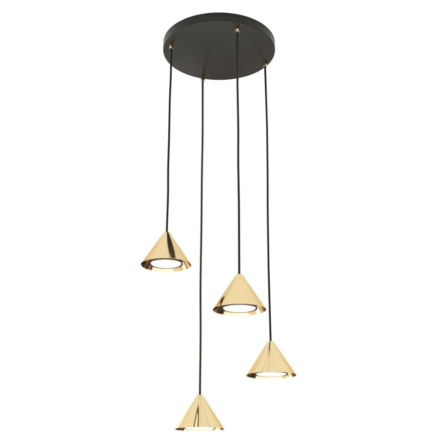Złota lampa wisząca Elit 4 Premium - cztery metalowe stożki