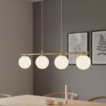 Żyrandol Allora 4 nad stół - złota listwa i białe kule