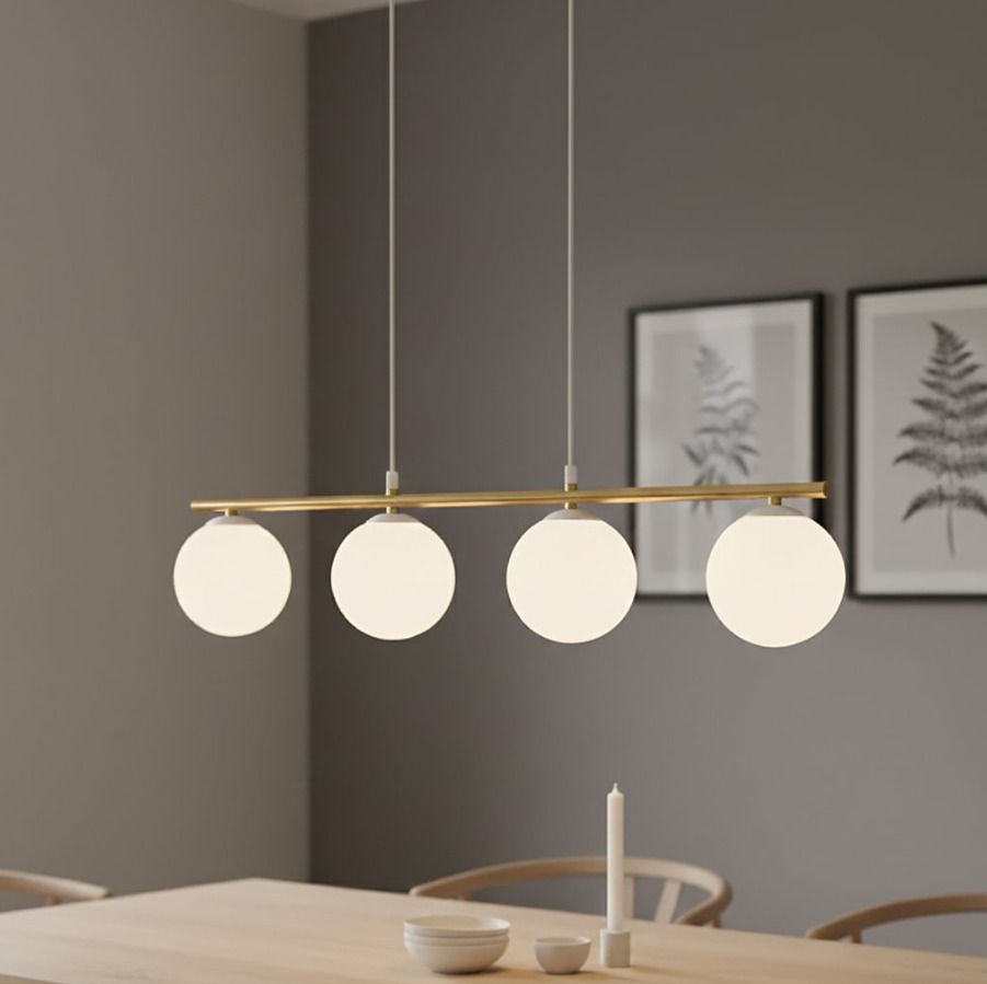 Żyrandol Allora 4 nad stół - złota listwa i białe kule