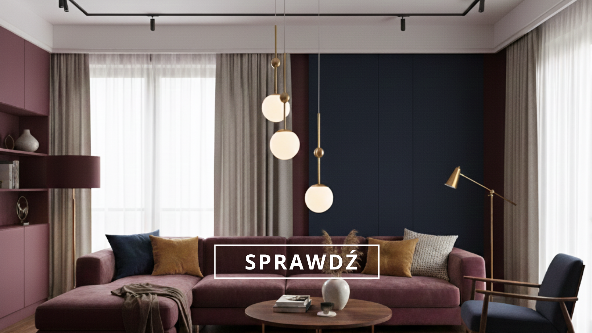 lampy wiszaca zlota kuleczka - bordowe granatowe wnetrze - styl elegancki