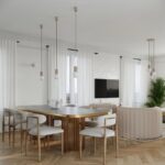 Beżowy zwis sufitowy Halo nad stół do salonu - ryflowany korpus i szklany klosz kulka