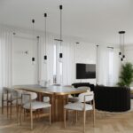 Czarny zwis sufitowy Halo do salonu nad stół - biała szklana kulka i ryflowany korpus