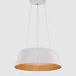 Lampa wisząca do jadalni Frill 45 LED biała - aluminiowy ryflowany klosz i drewnopodobne wnętrze