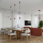 Lampa wisząca nad stół w salonie Halo ochra czerwona - ryflowany korpus i mleczna kula