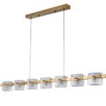 Podłużna lampa wisząca Baccio złota - 7 szklanych prążkowanych kloszy