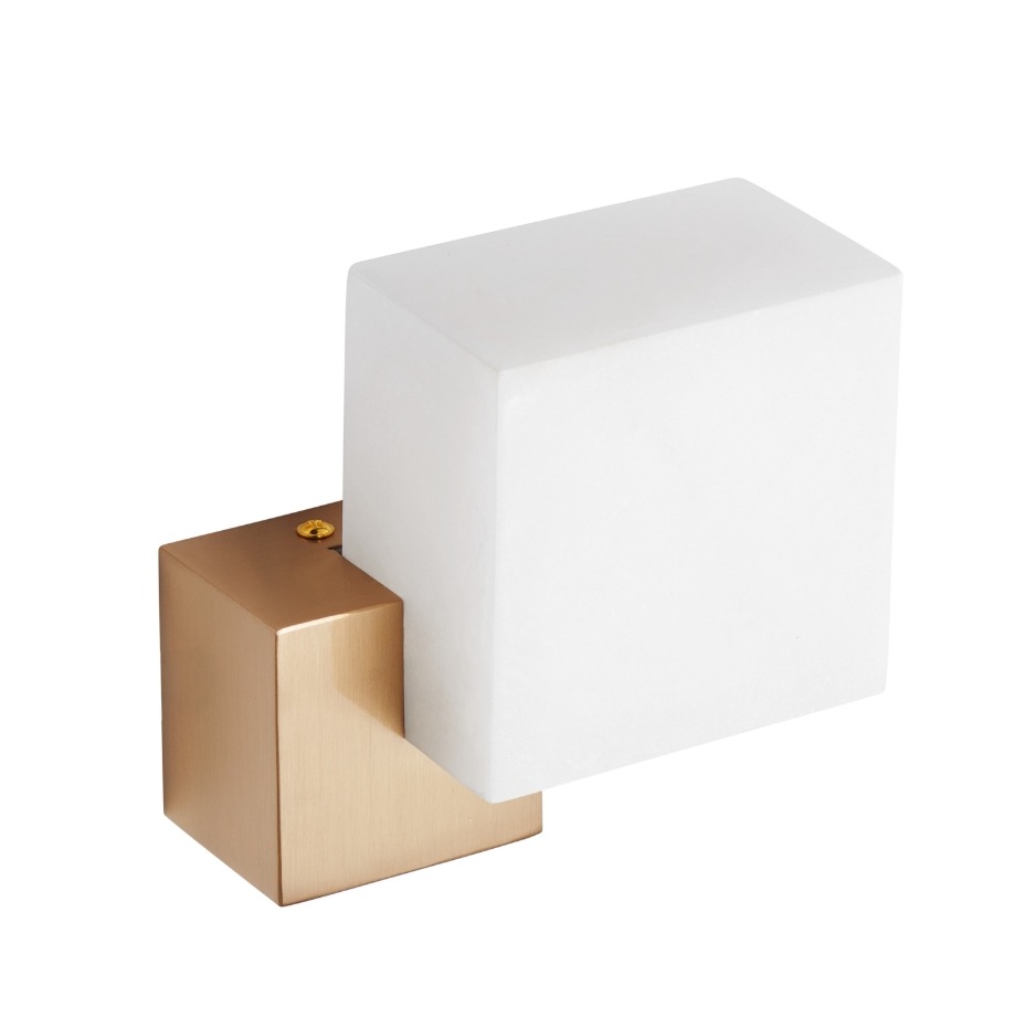 Złoty kinkiet CUBO LED - z kostką z białego marmuru