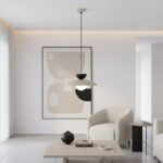 Beżowa lampa wisząca z metalu nad stolik Mulan - z czarnym detalem i kulą