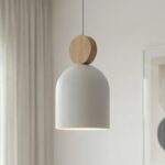 Biała lampa wisząca Mesi 3 Premium - 3 metalowe klosze z drewnem - styl skandynawski