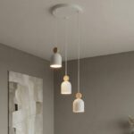 Biała lampa wisząca Mesi 3 Premium - metal i drewno - potrójna